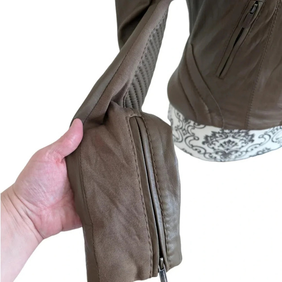 BCBGMaxazria Leather Jacket Tart Taupe Light Brown Moto Crop Women's Extra Small - Picture 9 of 13